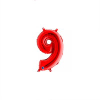Red Grabo foil balloon shaped as the number 9, 14 inches tall, with shiny metallic finish.