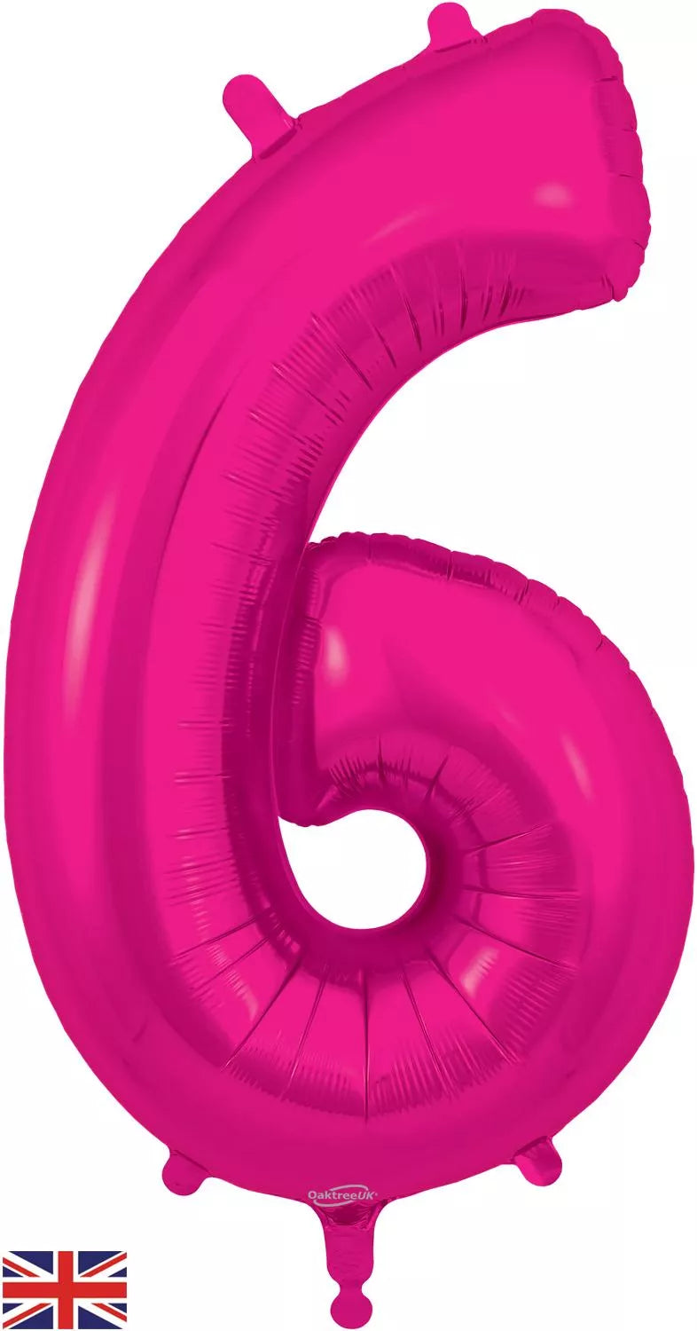 Oaktree pink foil balloon shaped as the number 6, 34 inches tall, with shiny metallic finish and decorative details.
