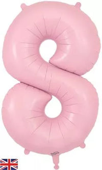Oaktree matte pink foil balloon shaped as the number 8, 34 inches tall, with a shiny, smooth surface for celebration events.