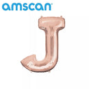 Rose gold Anagram foil balloon letter J, 16-inch size, shiny metallic finish, used for celebrations and party decorations.
