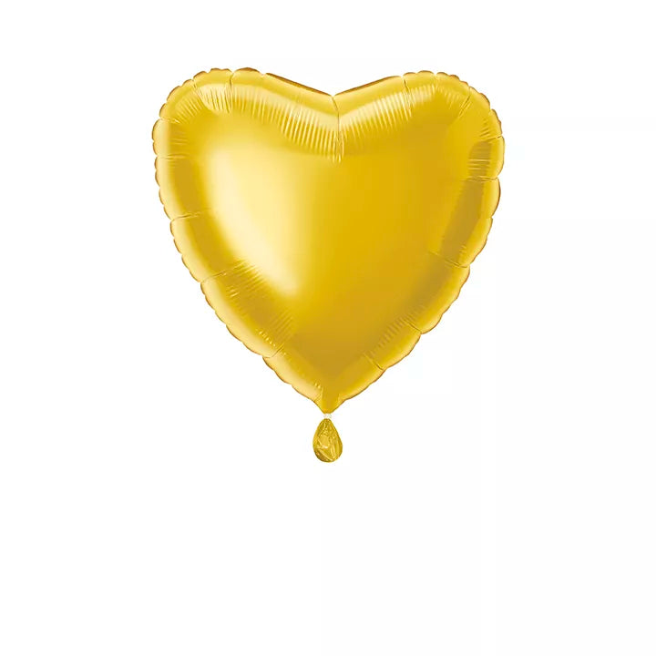 Gold heart-shaped foil balloon with "Unique Classic" branding, measuring 18 inches, floating against a white background.