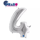 Silver Grabo foil balloon shaped as the number 4, measuring 40 inches, with shiny metallic surface and detailed number design.