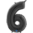 Black 26-inch Grabo foil number 6 balloon inflated and floating against a white background.