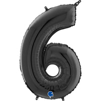 Black 26-inch Grabo foil number 6 balloon inflated and floating against a white background.