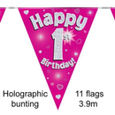 Bunting 11 Flags Pink Holographic Birthday Age 1