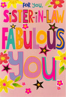 Simon Elvin C50 birthday sister-in-law greeting cards, set of six with colorful designs and celebratory messages.
