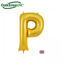 Gold Oaktree foil balloon shaped as the letter P, measuring 34 inches tall, shiny metallic finish, and inflated for display.