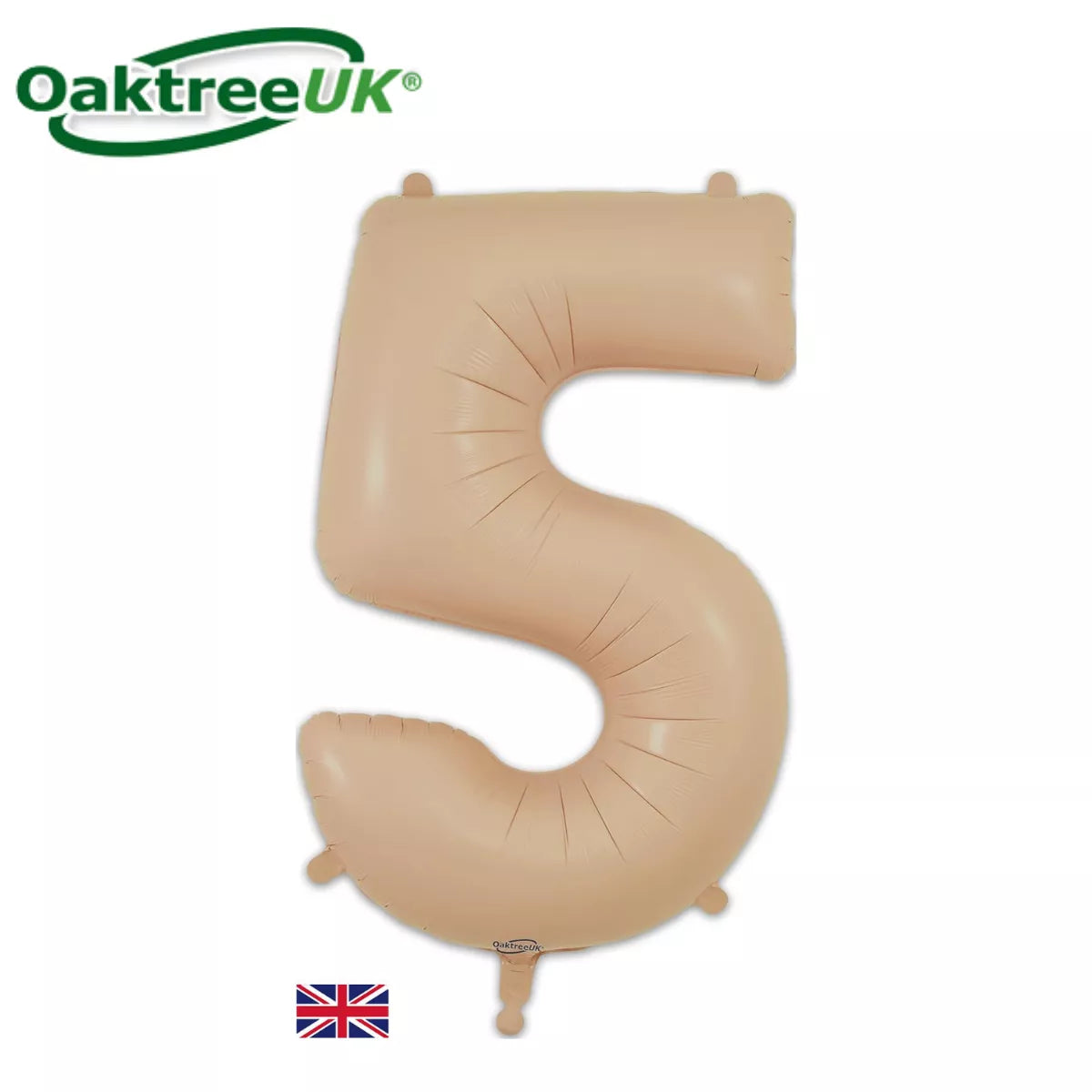 Oaktree 34-inch matte nude foil number 5 balloon, shiny metallic finish, inflated and floating against a neutral background.