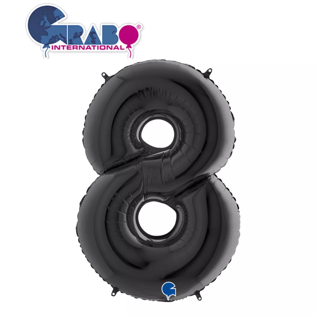 Black 40-inch Grabo foil number 8 balloon inflated and floating against a white background.