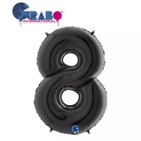Black 40-inch Grabo foil number 8 balloon inflated and floating against a white background.
