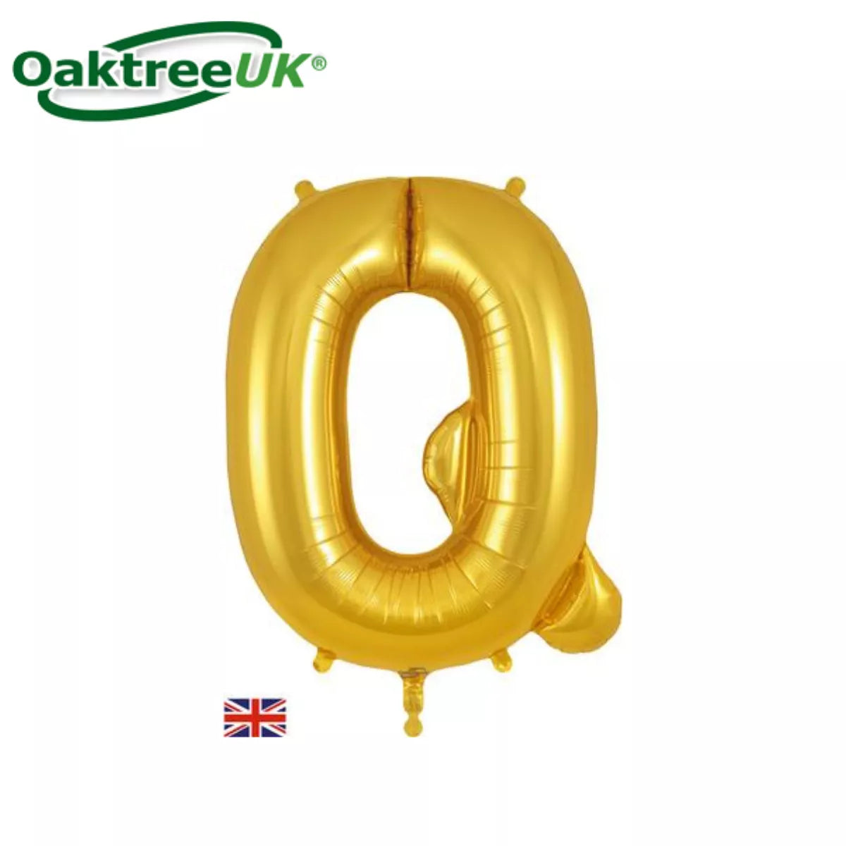 Gold Oaktree foil balloon in the shape of the letter Q, 34 inches tall, shiny metallic finish, suitable for celebrations or decorations.