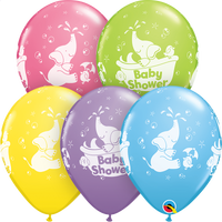 Set of 25 Qualatex printed latex balloons in baby shower designs, 11-inch size, colorful and festive for celebration decor.