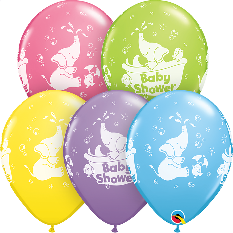 Set of 25 Qualatex printed latex balloons in baby shower designs, 11-inch size, colorful and festive for celebration decor.