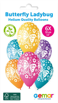 Gemar Butterfly and Ladybug 13-inch printed latex balloons, 6-pack featuring colorful butterfly and ladybug designs.