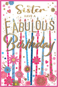 Set of six Simon Elvin C75 birthday sister cards featuring colorful designs and heartfelt messages for celebrating sisters.