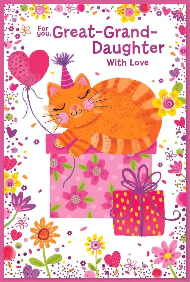 Simon Elvin C75 birthday card pack for great-granddaughter, featuring six colorful greeting cards with festive designs.