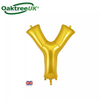 Gold foil balloon from Oaktree, 34-inch letter Y, shiny and metallic, perfect for celebrations and party decorations.