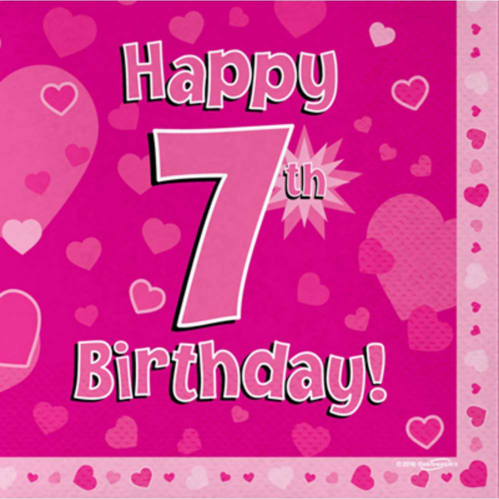 Pink 7th birthday napkins by Oaktree, 3-ply, 33x33cm, 16-pack, featuring festive 7th birthday design.