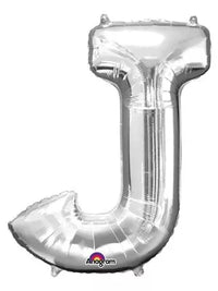 Silver Anagram foil balloon in the shape of the letter J, 34 inches tall, shiny metallic finish for celebrations and decorations.