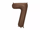 PartyDeco foil balloon in satin mocha color, shaped as the number 7, 34 inches tall, suitable for celebrations and decorations.
