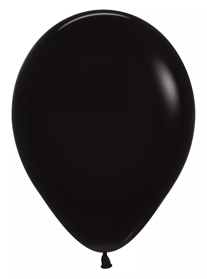 Sempertex 12-pack black 12-inch latex balloons for decorating, made by Sempertex, shown in a close-up image.