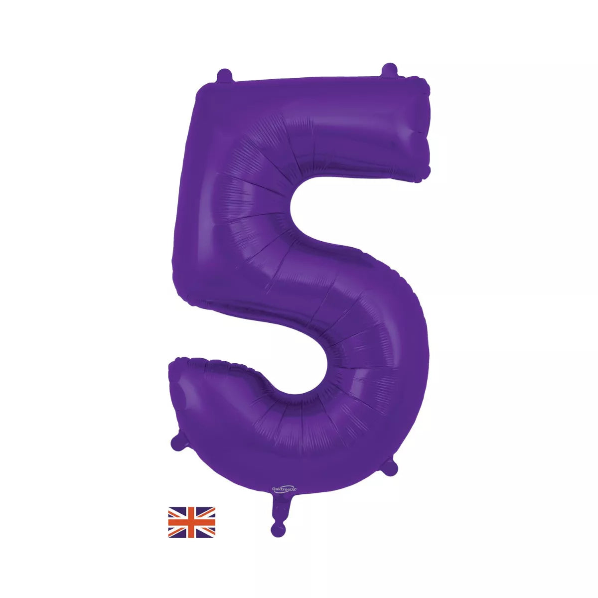 Oaktree purple foil balloon shaped as the number 5, measuring 34 inches, with shiny, reflective surface for celebration decor.