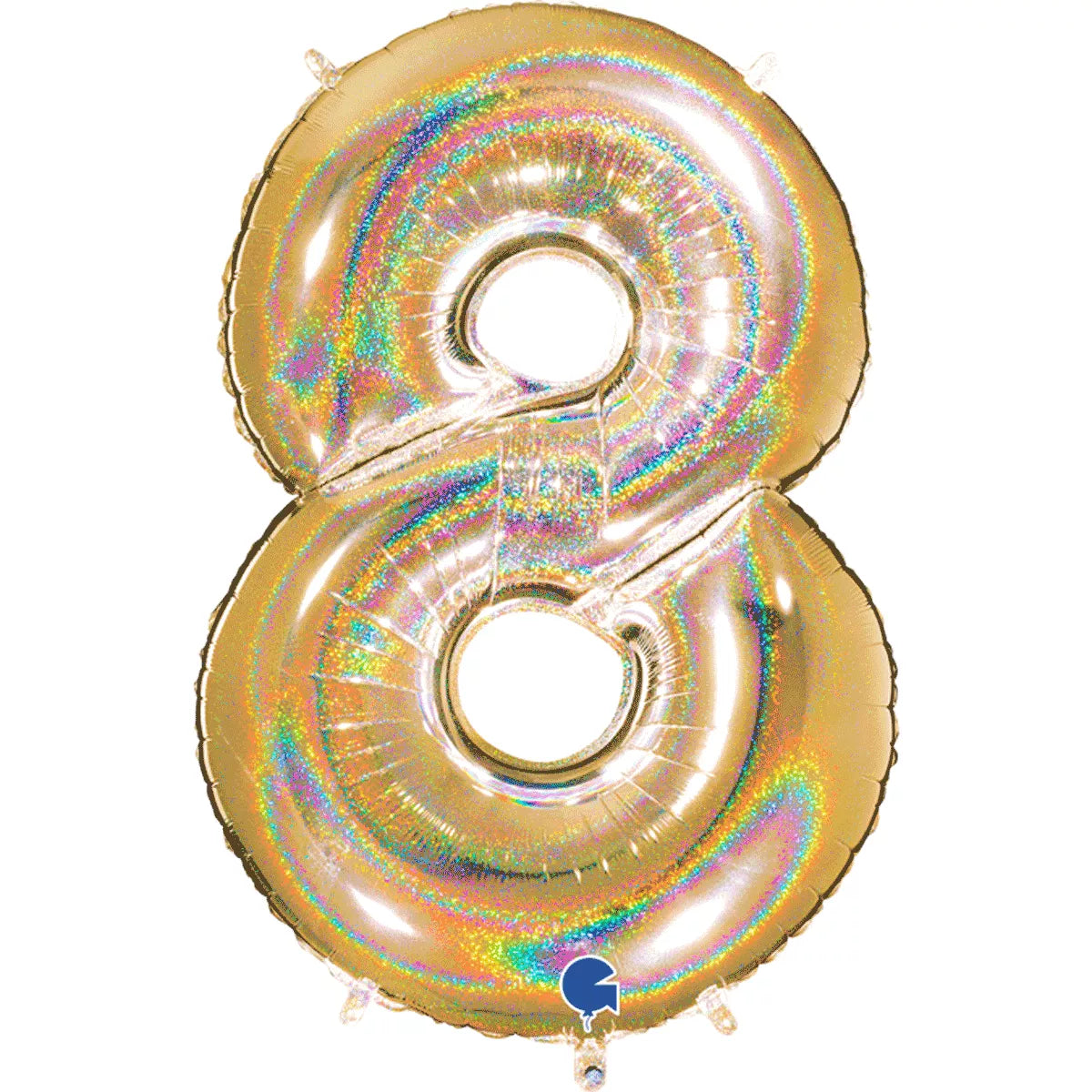 Grabo 40-inch gold foil balloon shaped as the number 8 with holographic glitter finish, suitable for celebrations and parties.