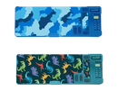 Two Gem Imports pencil cases with camo and dinosaur designs, measuring 9x26x3.5cm, made of durable fabric for school supplies.
