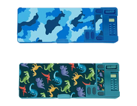 Two Gem Imports pencil cases with camo and dinosaur designs, measuring 9x26x3.5cm, made of durable fabric for school supplies.