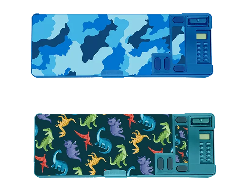 Two Gem Imports pencil cases with camo and dinosaur designs, measuring 9x26x3.5cm, made of durable fabric for school supplies.