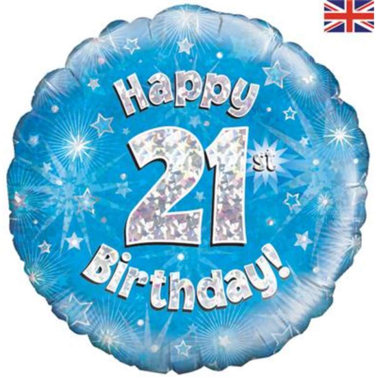 18" 21st Birthday Blue Holographic Foil Balloon