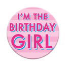 Six small birthday open badges by Tiger Feet, featuring colorful designs for celebration and party decorations.
