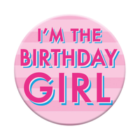 Six small birthday open badges by Tiger Feet, featuring colorful designs for celebration and party decorations.