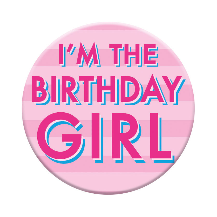 Six small birthday open badges by Tiger Feet, featuring colorful designs for celebration and party decorations.