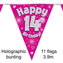 Bunting 11 Flags Pink Holographic Birthday Age 14