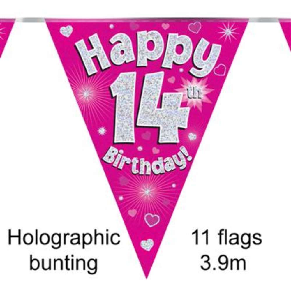 Bunting 11 Flags Pink Holographic Birthday Age 14