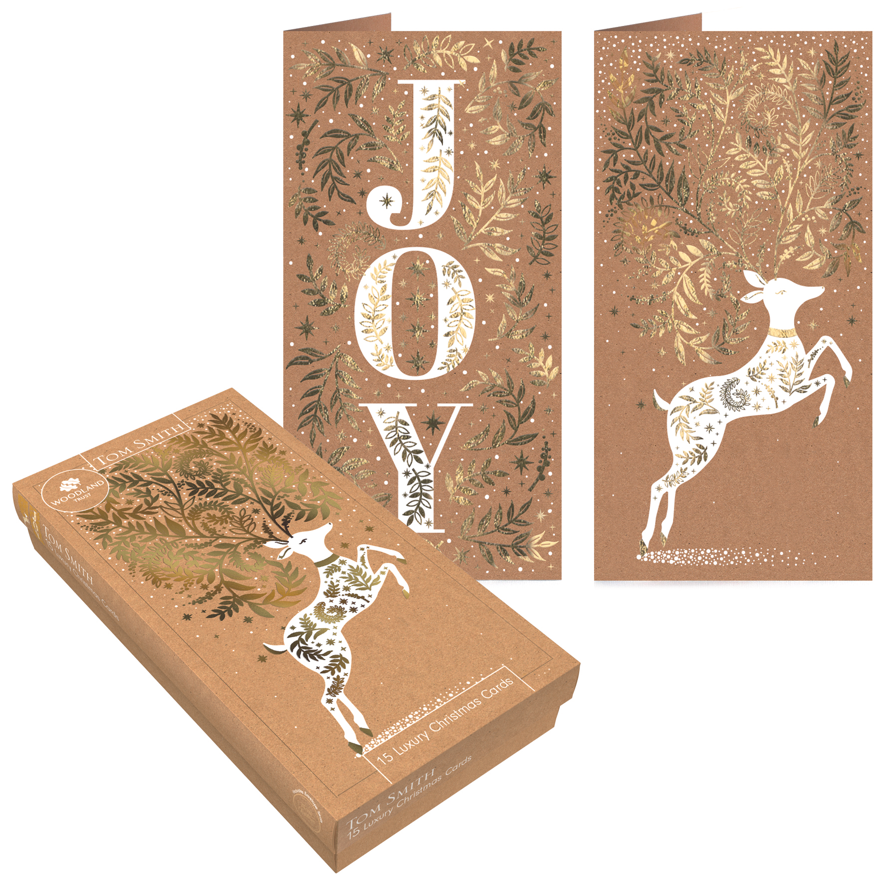 Luxury Slim Christmas Cards Kraft Stag 15pk
