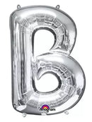 Silver 34-inch Anagram foil balloon in the shape of the letter B, shiny and reflective, suitable for celebrations and decorations.