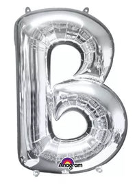 Silver 34-inch Anagram foil balloon in the shape of the letter B, shiny and reflective, suitable for celebrations and decorations.