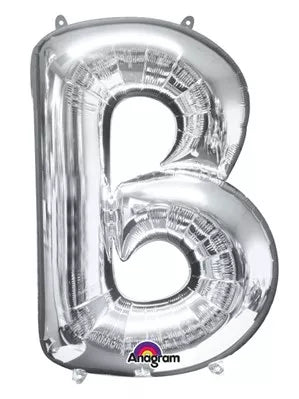 Silver 34-inch Anagram foil balloon in the shape of the letter B, shiny and reflective, suitable for celebrations and decorations.