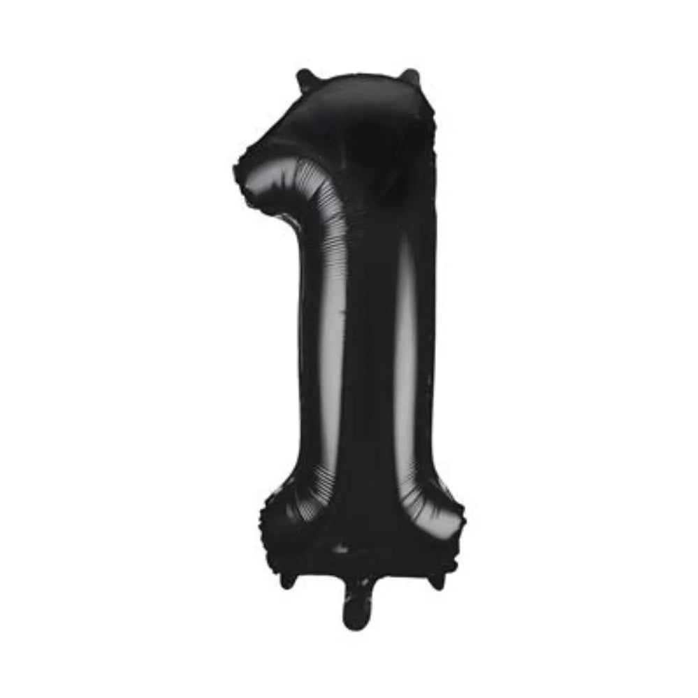Black foil balloon in the shape of the number 1, 34 inches tall, by Unique, decorated with shiny metallic foil.