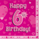 Pink 6th Birthday napkins by Oaktree, 3-ply paper, 33x33cm, 16-pack, featuring festive birthday designs.