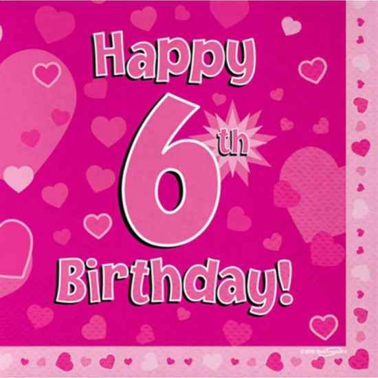 6th Birthday Pink 3-ply Napkins 33x33cm 16pk