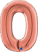 Rose gold Grabo foil balloon in the shape of the letter O, measuring 26 inches tall with a shiny metallic finish.