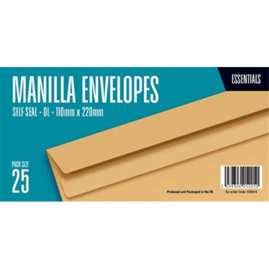 Essentials Self Seal DL Envelopes Manilla 25pk