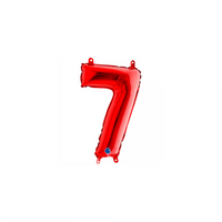 Red Grabo foil balloon in a 14-inch number 7 shape, shiny and reflective, perfect for celebrations and party decorations.