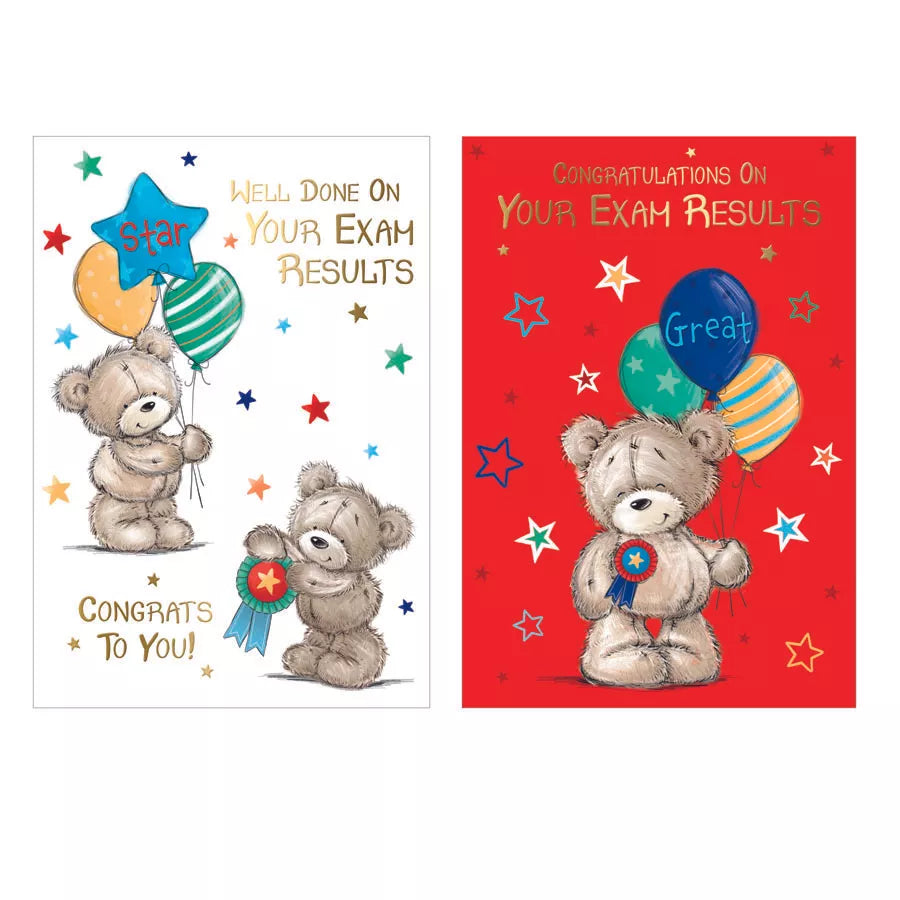Poppyhill C50 congratulations exam results cards, 12-pack featuring colorful designs and congratulatory messages.