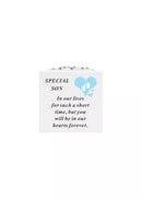 David Fischoff baby footprints keepsake in 14x14x15cm with engraved footprints and son’s name on a decorative display.
