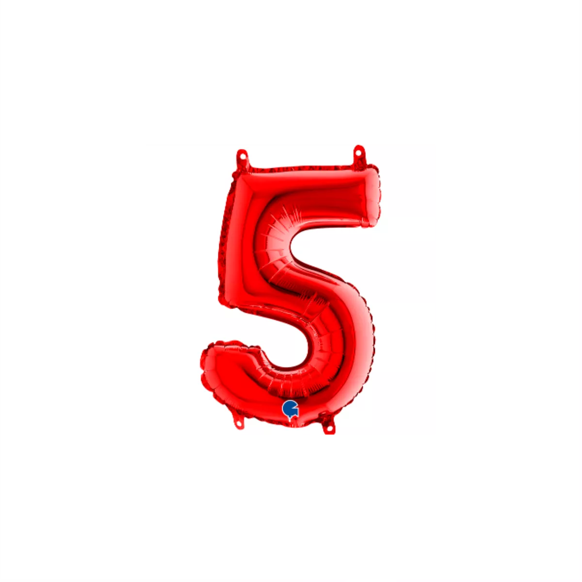 Red Grabo foil balloon in the shape of the number 5, 14 inches tall, with shiny metallic surface and bold numerals.