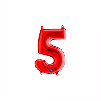 Red Grabo foil balloon in the shape of the number 5, 14 inches tall, with shiny metallic surface and bold numerals.